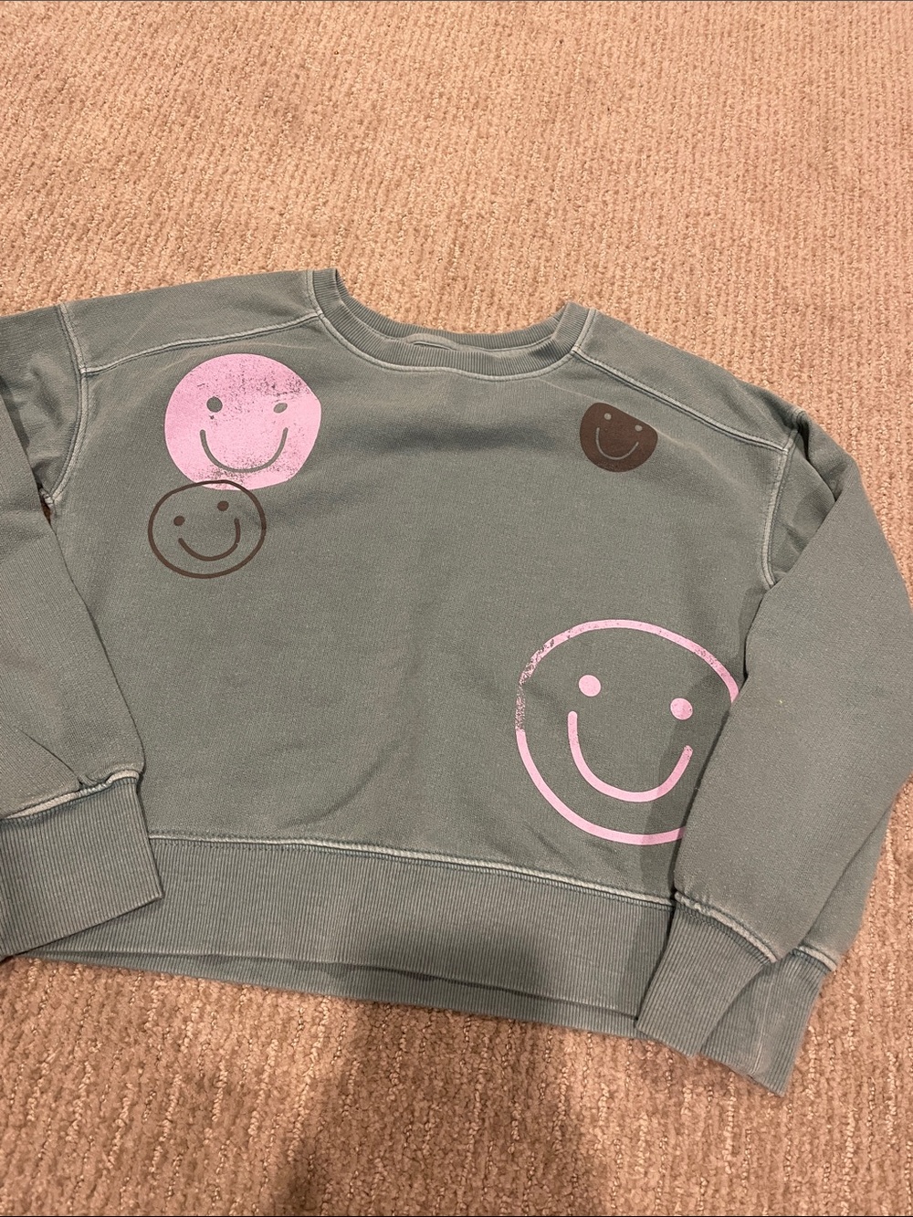 Cat & Jack Green Crewneck Sweatshirt with Pink & Brown Smiley Graphics